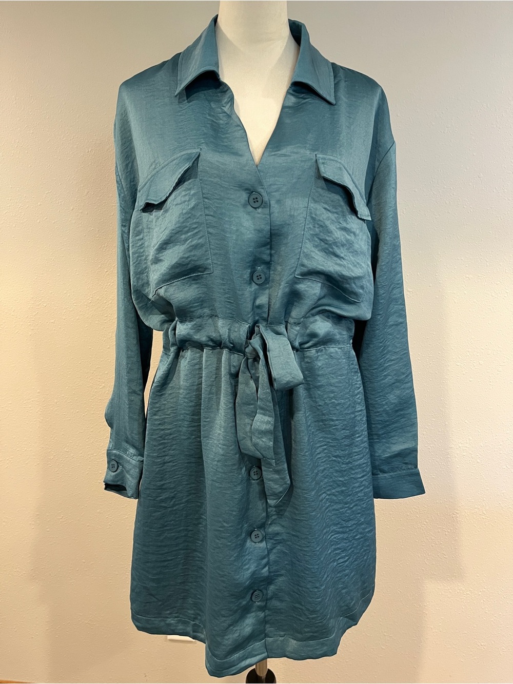 Teal long sleeves Button down Shirt Dress with Tie Waist size large